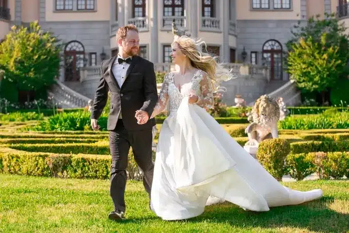Bride and groom at luxury venue.