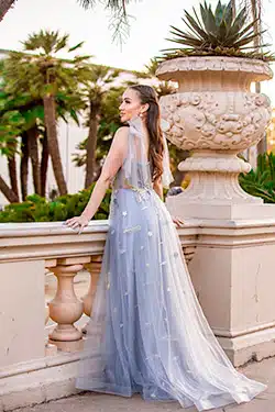 Fine art bridal portrait featuring an ethereal blue gown.