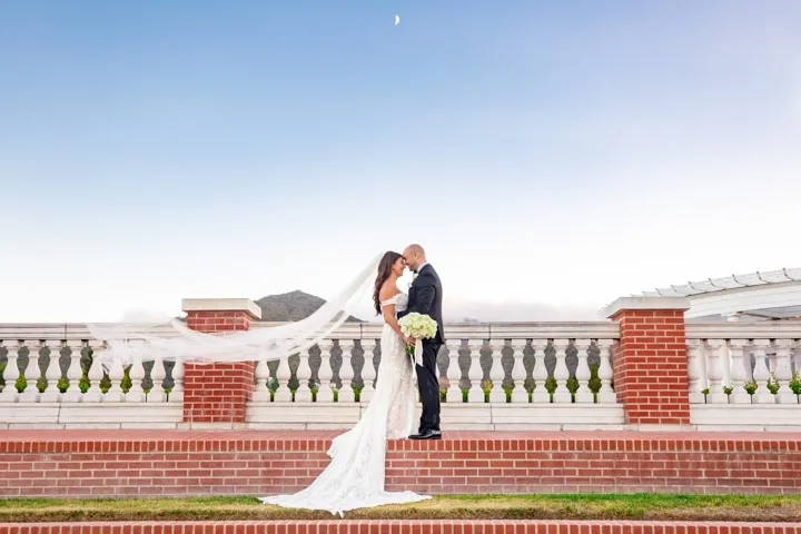 A timeless wedding photo with mountain view