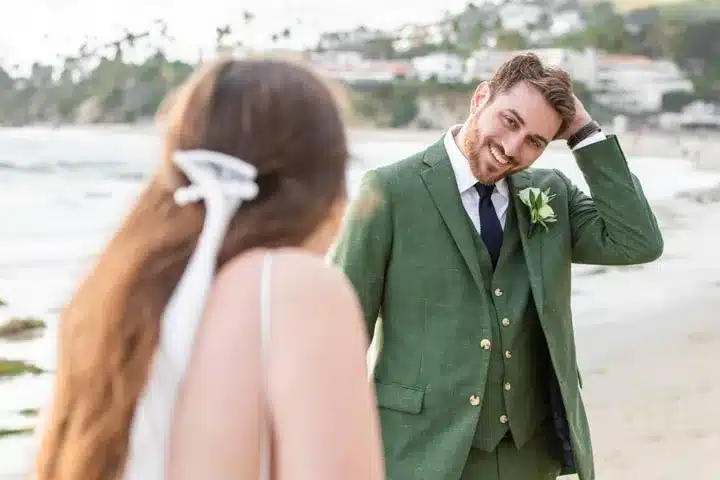 Romantic beach wedding couple