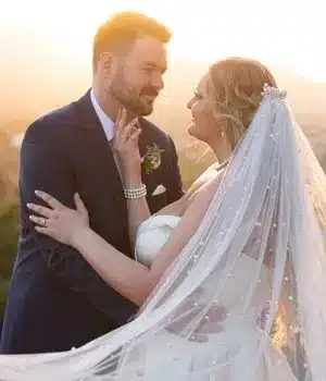 Romantic golden hour wedding portrait with vibrant backlighting-1.
